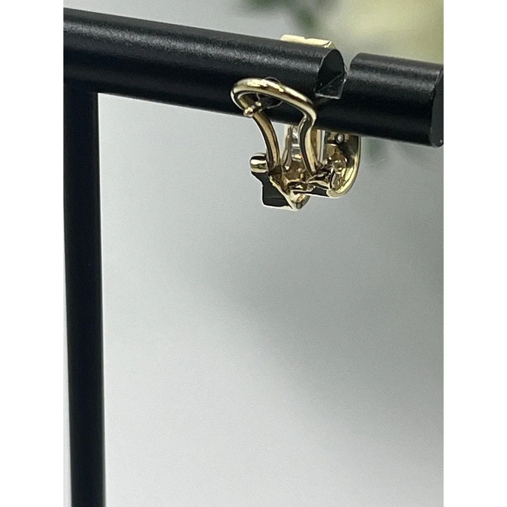 10K‎ Yellow Gold 30 Diamonds Round  Baguette Channel Huggie Hoop Omega Earrings